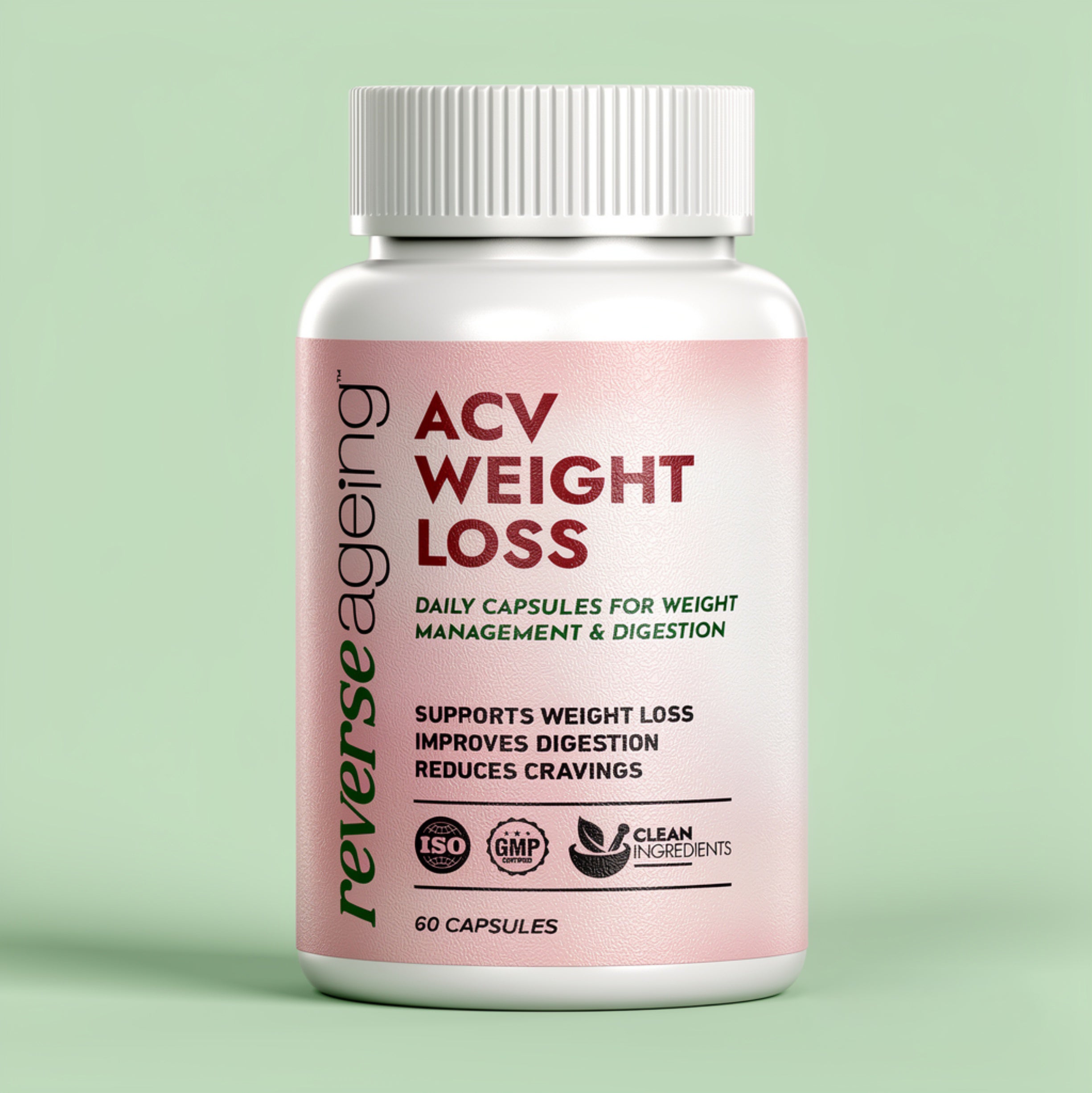 Reverse Ageing ACV Weight Loss apple cider vinegar capsules bottle, 60 capsules