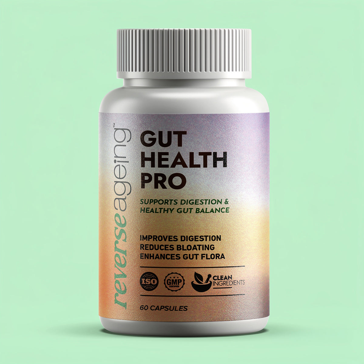 Reverse Ageing Gut Health Pro probiotic and prebiotic capsules bottle, 60 capsules