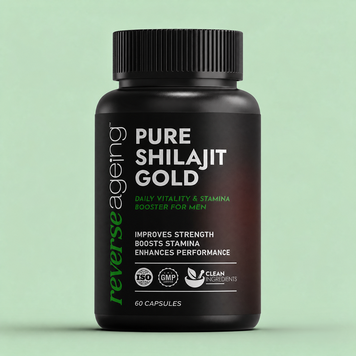 Reverse Ageing Pure Shilajit Gold 50% fulvic acid capsules with Ashwagandha bottle, 60 capsules