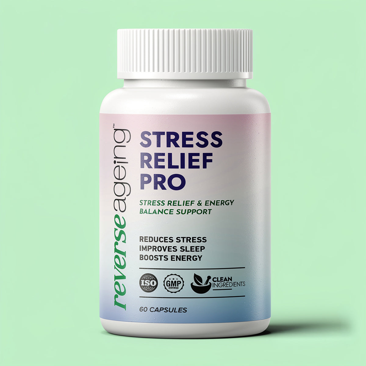 Reverse Ageing Stress Relief Pro Ashwagandha and L-Theanine capsules bottle, 60 capsules