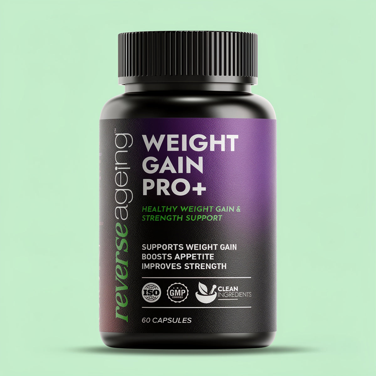 Reverse Ageing Weight Gain Pro+ Ayurvedic mass gainer capsules bottle, 60 capsules